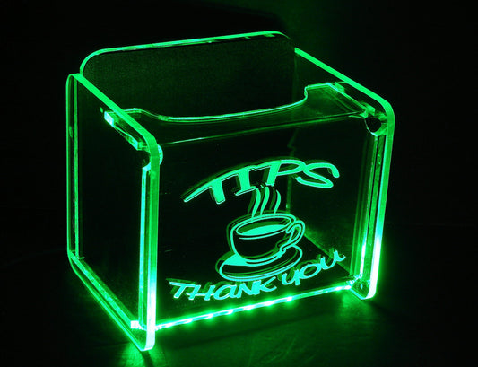 LED Glowing Tip Box-Classic Coffee Design for Baristas! Tip Jar -LED Tip Jar - Gift Card Box- Coffee Shop Tip Jar- Made in USA!