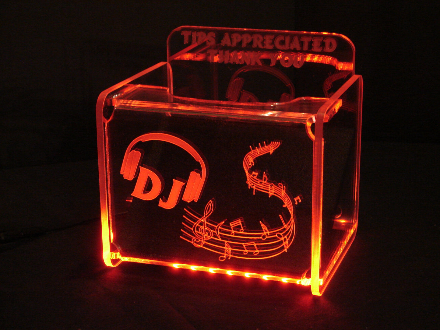 LED Glowing Tip Box- Rolling Music Design for DJs-Tip Jar -LED Tip Jar -Light up tip Jar -Ballot Box- Card Box- Musician Tip Jar- DJ Tip Jar