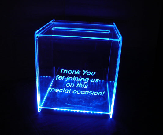 LED Glowing Gift Card Box ...11"W x 11"D x 11"H ... With personalized engraving and replaceable back panel.