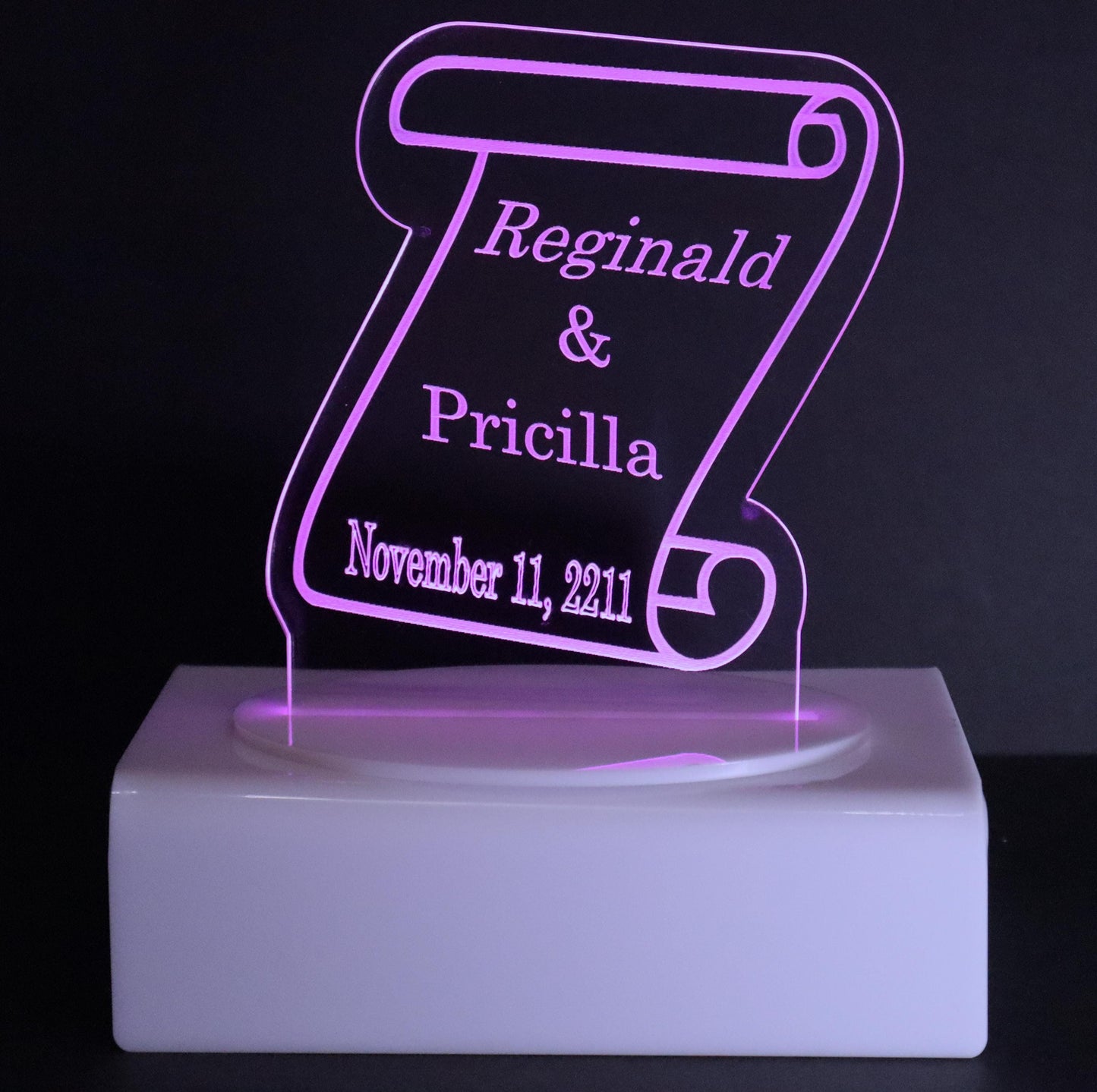 Personalized Cake Topper - Glowing LED - Engraved Acrylic - Scroll Design