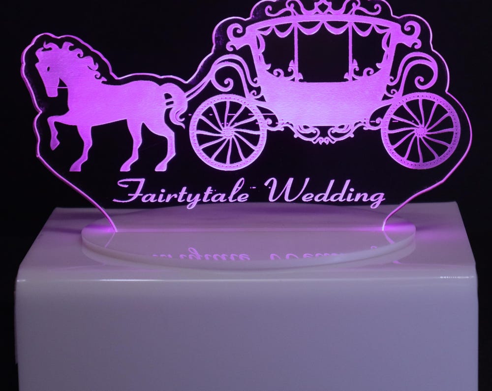 Personalized Cake Topper - Glowing LED - Engraved Acrylic - Horse & Carriage Design