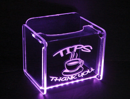LED Glowing Tip Box-Classic Coffee Design for Baristas!  Tip Jar -LED Tip Jar - Gift Card Box- Coffee Shop Tip Jar- Made in USA!