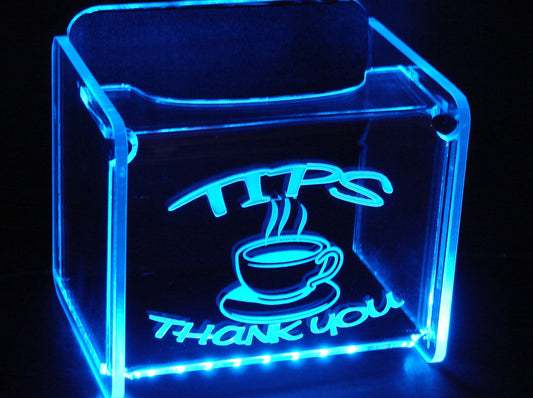 LED Glowing Tip Box-Classic Coffee Design for Baristas!  Tip Jar -LED Tip Jar - Gift Card Box- Coffee Shop Tip Jar- Made in USA!