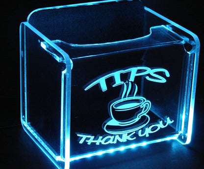 LED Glowing Tip Box-Classic Coffee Design for Baristas!  Tip Jar -LED Tip Jar - Gift Card Box- Coffee Shop Tip Jar- Made in USA!