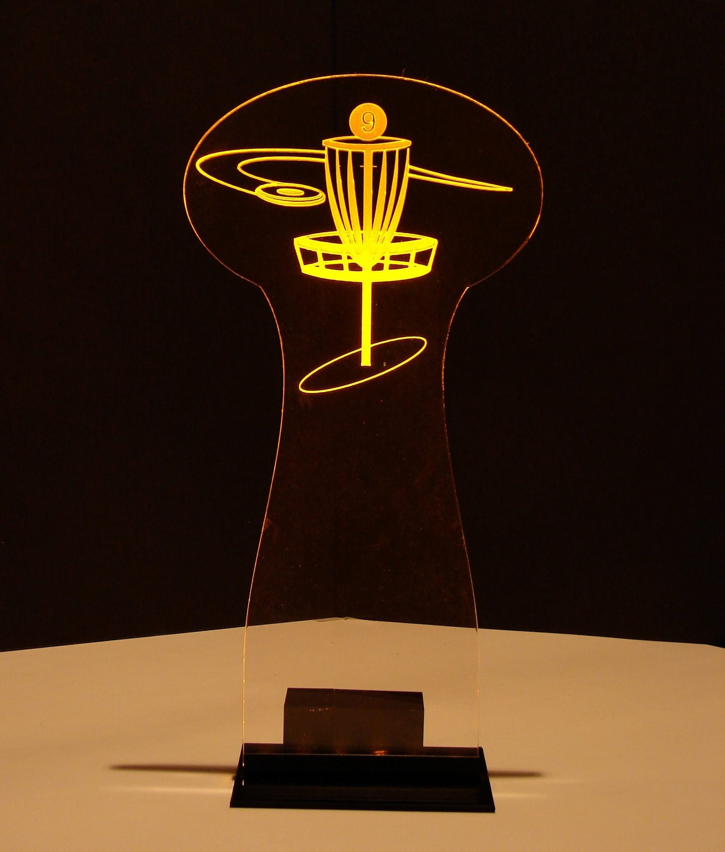 Disc Golf Centerpiece -Medium sized - 12" Tall/5" Wide - LED Table Sign - 9 Volt Battery Powered- Add a logo, name or message!