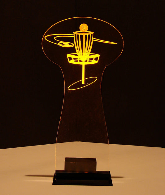 Disc Golf Centerpiece -Medium sized - 12" Tall/5" Wide - LED Table Sign - 9 Volt Battery Powered- Add a logo, name or message!