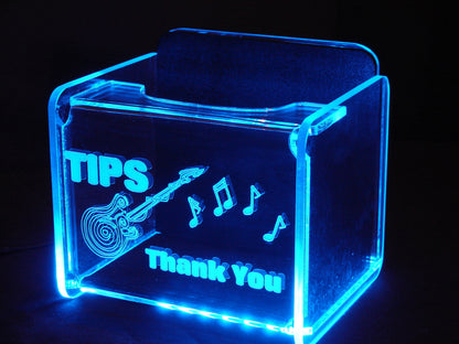 LED Glowing Tip Box- Spiral Electric Guitar Design for Musicians!  Tip Jar -LED Tip Jar -Lighted Tip Jar - Musician Tip Jar - Made in USA!