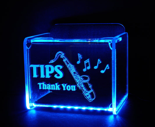 LED Glowing Tip Box- Saxophone Design for Musicians!  Tip Jar -LED Tip Jar -Light up tip Jar -Ballot Box- Card Box- Musician Tip Jar