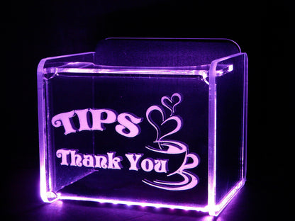 LED Glowing Tip Box- Coffee Love Design for Baristas!  Tip Jar -LED Tip Jar -Light Up Tip Jar - Card Box- Musician Tip Jar- Made in USA!