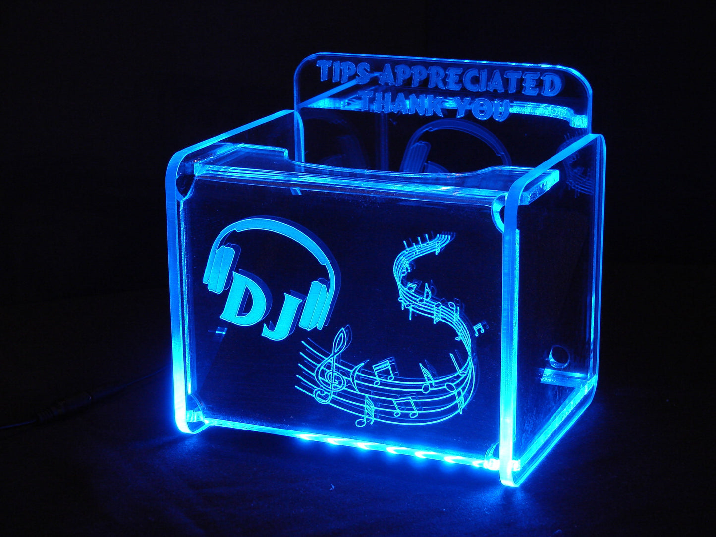 LED Glowing Tip Box- Rolling Music Design for DJs-Tip Jar -LED Tip Jar -Light up tip Jar -Ballot Box- Card Box- Musician Tip Jar- DJ Tip Jar