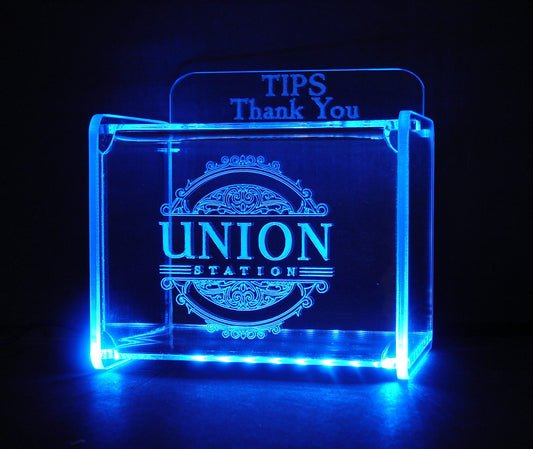 LED Tip Box w/ Your Logo!  Tip Jar -LED Tip Jar -Lighted Tip Jar - Card Box- Musician Tip Jar- Custom Engraved- Personalized - Made in USA!
