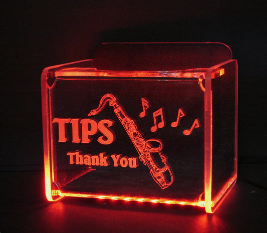 LED Glowing Tip Box- Saxophone Design for Musicians!  Tip Jar -LED Tip Jar -Light up tip Jar -Ballot Box- Card Box- Musician Tip Jar