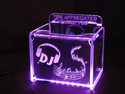 LED Glowing Tip Box- Rolling Music Design for DJs-Tip Jar -LED Tip Jar -Light up tip Jar -Ballot Box- Card Box- Musician Tip Jar- DJ Tip Jar