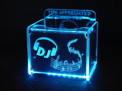 LED Glowing Tip Box- Rolling Music Design for DJs-Tip Jar -LED Tip Jar -Light up tip Jar -Ballot Box- Card Box- Musician Tip Jar- DJ Tip Jar