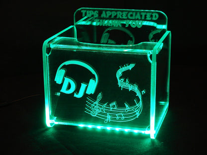 LED Glowing Tip Box- Rolling Music Design for DJs-Tip Jar -LED Tip Jar -Light up tip Jar -Ballot Box- Card Box- Musician Tip Jar- DJ Tip Jar