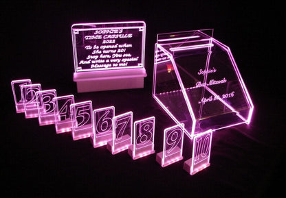 LED Glowing Party /Reception Set...Gift Card Box, 10 Economy Table Numbers, Custom Engraved Sign