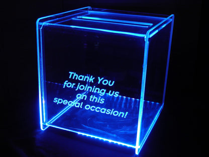 LED Glowing Gift Card Box ...11"W x 11"D x 11"H ... With personalized engraving and replaceable back panel.