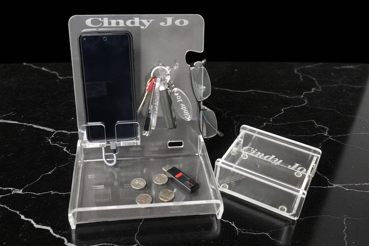 Personalized Gift Set /Phone Docking Station/Convenience Station- Holds cell phone, keys, glasses, coins, etc. Engraved with name or logo!