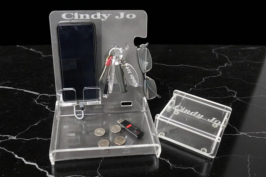 Personalized Gift Set /Phone Docking Station/Convenience Station- Holds cell phone, keys, glasses, coins, etc. Engraved with name or logo!