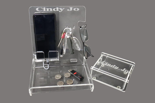 Personalized Gift Set /Phone Docking Station/Convenience Station- Holds cell phone, keys, glasses, coins, etc. Engraved with name or logo!