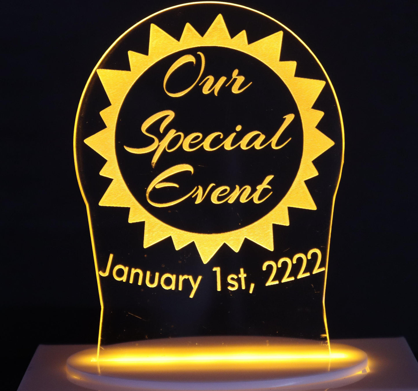 Personalized Cake Topper - Glowing LED - Engraved Acrylic - Sunshine Design