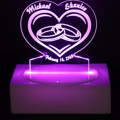 Personalized Cake Topper - Glowing LED - Engraved Acrylic - Wedding Rings Design