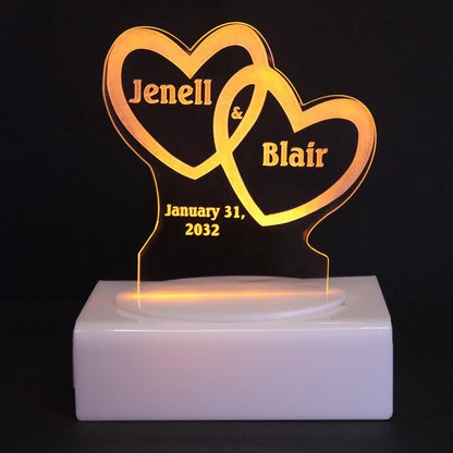 Personalized Cake Topper - Glowing LED - Engraved Acrylic - Dual Heart Design