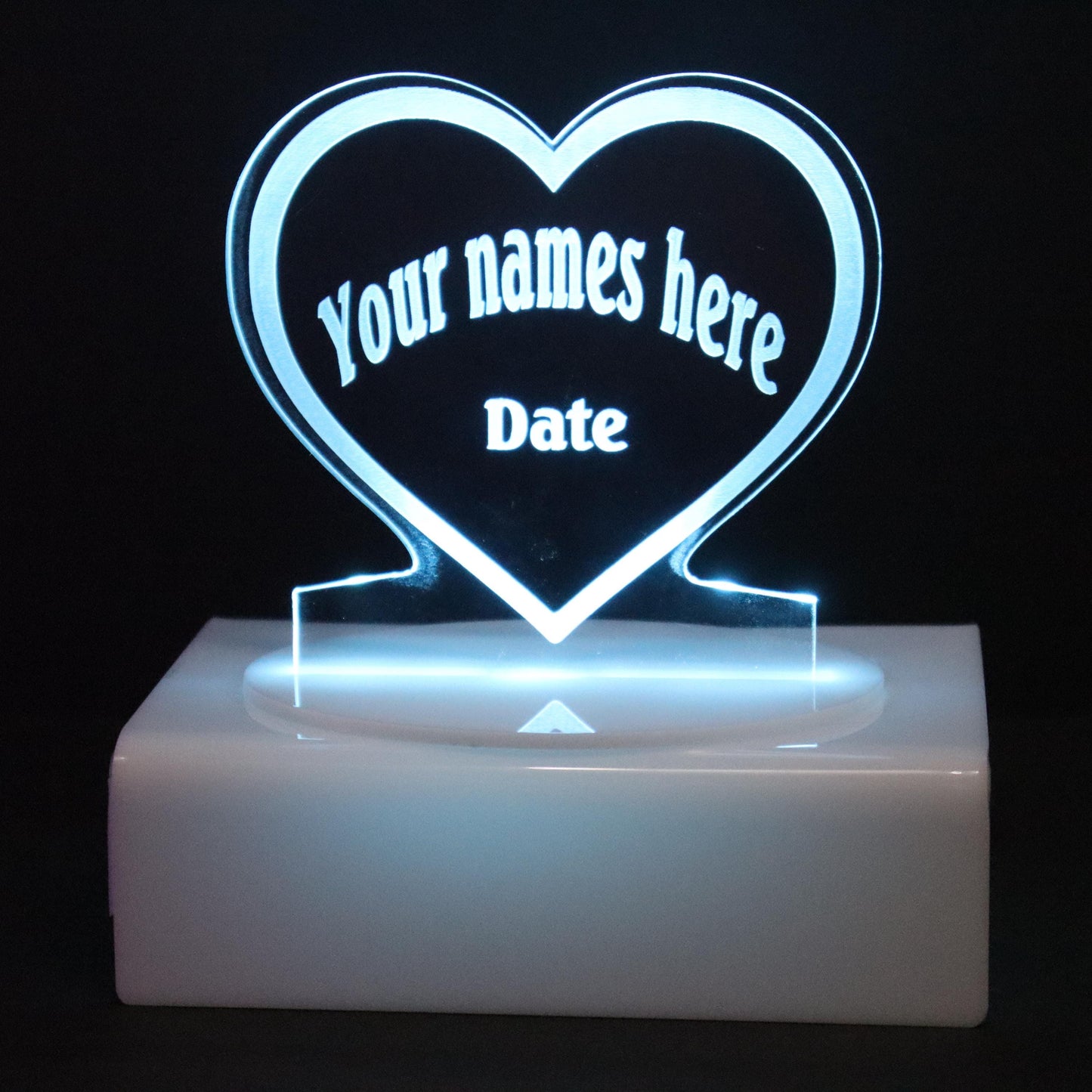 Personalized Cake Topper - Glowing LED - Engraved Acrylic - Heart Design