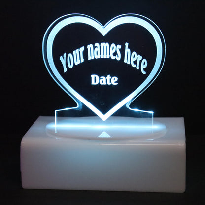 Personalized Cake Topper - Glowing LED - Engraved Acrylic - Heart Design