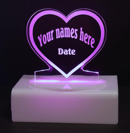 Personalized Cake Topper - Glowing LED - Engraved Acrylic - Heart Design