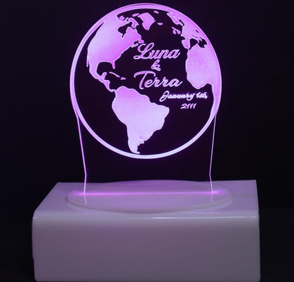 Personalized Cake Topper - Glowing LED - Engraved Acrylic - Globe Design