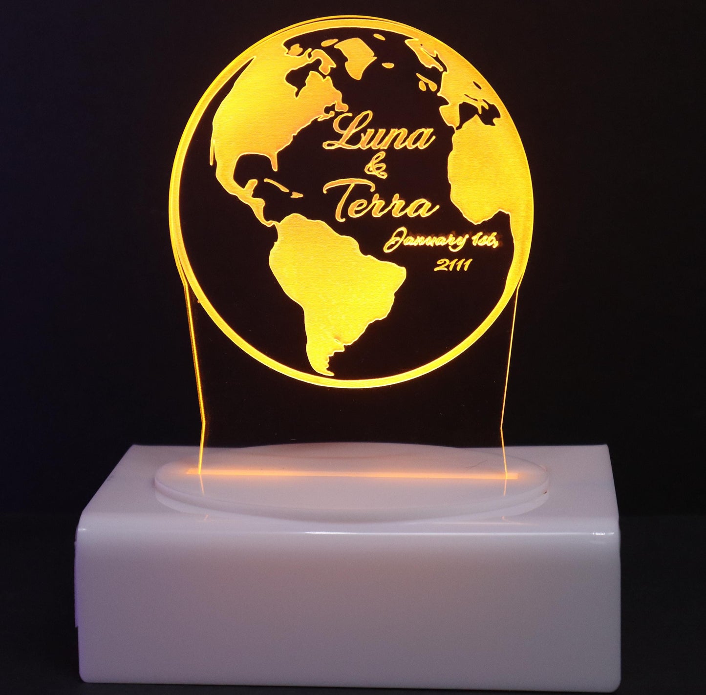 Personalized Cake Topper - Glowing LED - Engraved Acrylic - Globe Design