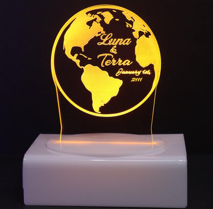 Personalized Cake Topper - Glowing LED - Engraved Acrylic - Globe Design