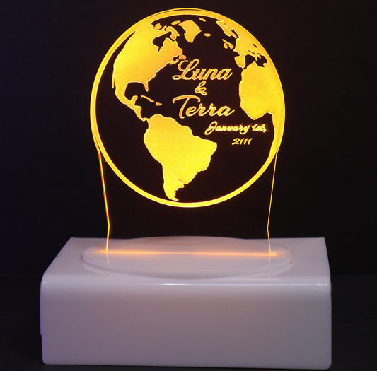 Personalized Cake Topper - Glowing LED - Engraved Acrylic - Globe Design