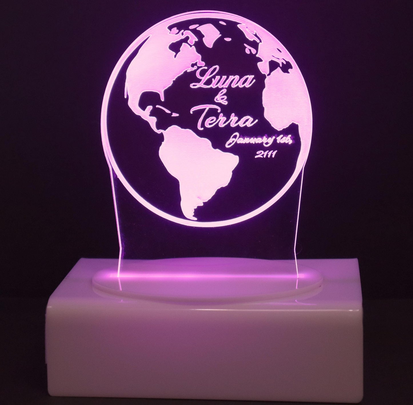 Personalized Cake Topper - Glowing LED - Engraved Acrylic - Globe Design