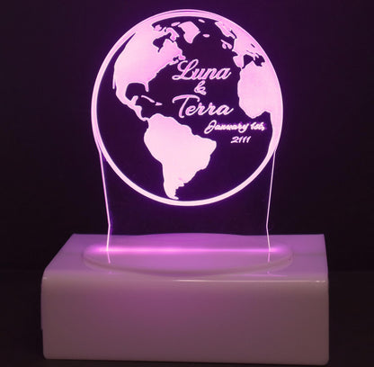 Personalized Cake Topper - Glowing LED - Engraved Acrylic - Globe Design