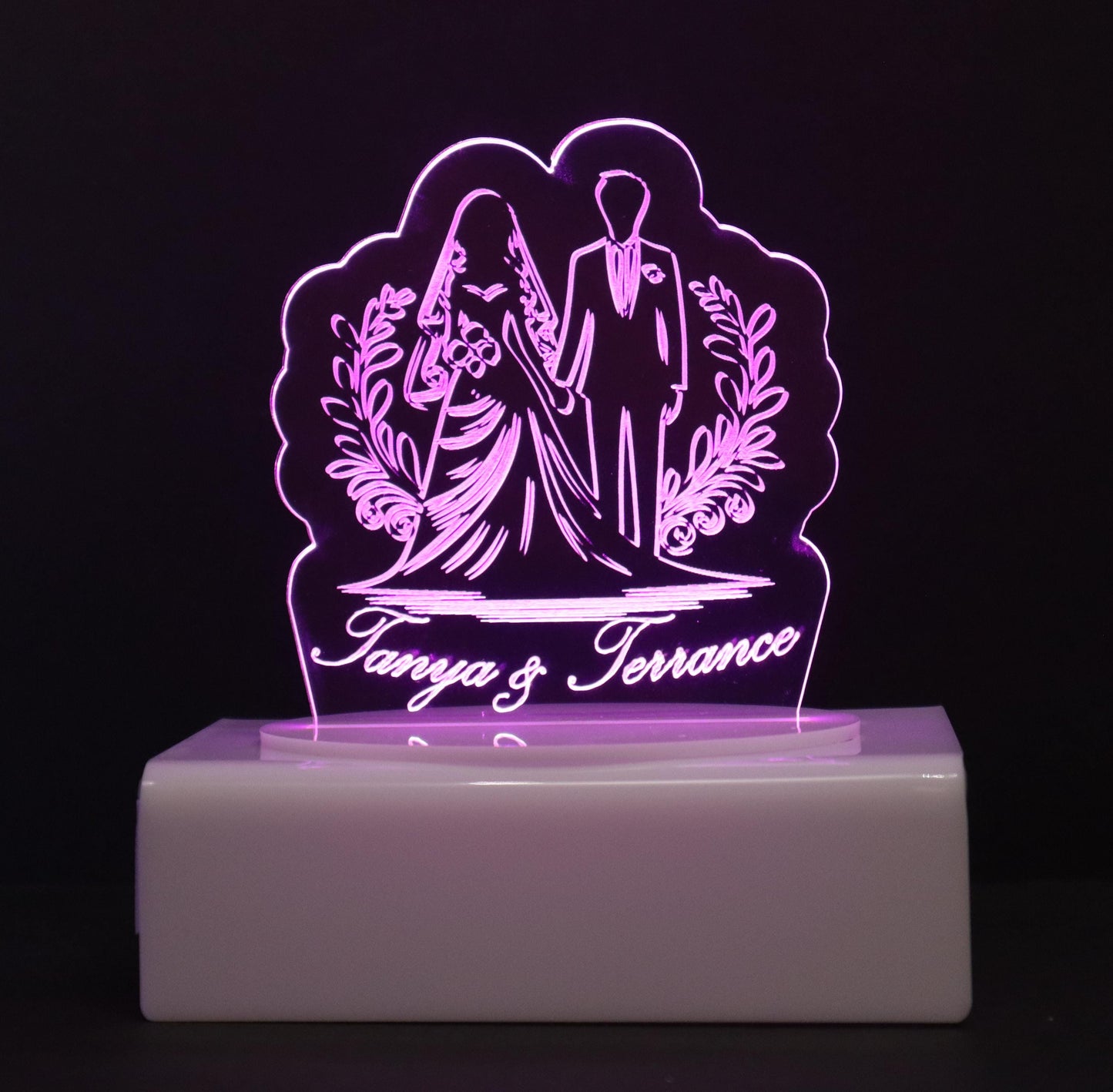 Personalized Cake Topper - Glowing LED - Engraved Acrylic - Wedding Couple Design