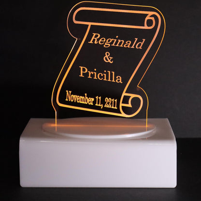 Personalized Cake Topper - Glowing LED - Engraved Acrylic - Scroll Design