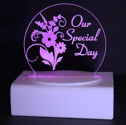 Personalized Cake Topper - Glowing LED - Engraved Acrylic - Flowers Design