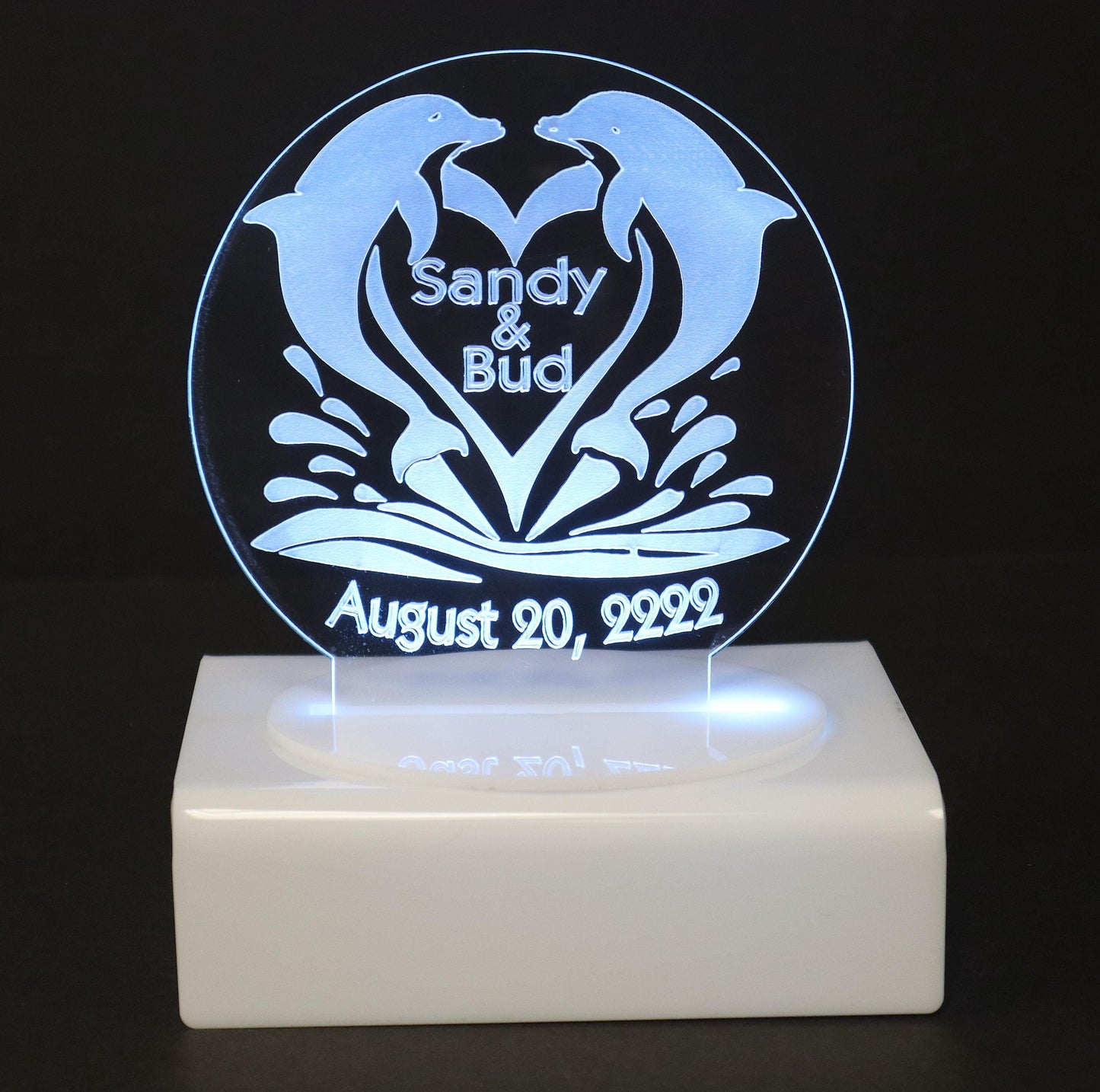 Personalized Cake Topper - Glowing LED - Engraved Acrylic - Dancing Dolphins Design
