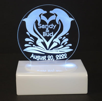 Personalized Cake Topper - Glowing LED - Engraved Acrylic - Dancing Dolphins Design
