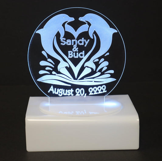 Personalized Cake Topper - Glowing LED - Engraved Acrylic - Dancing Dolphins Design