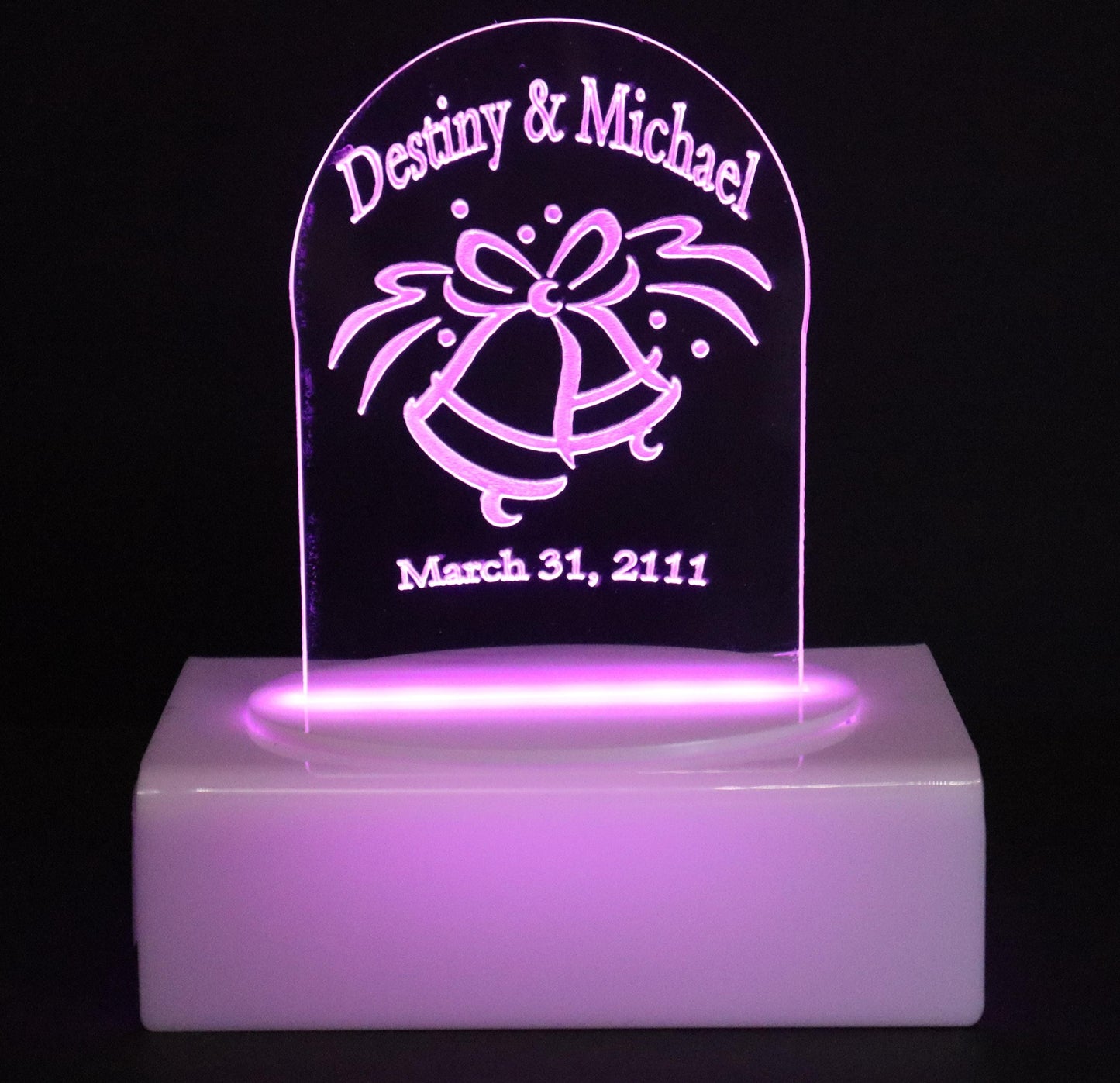 Personalized Cake Topper - Glowing LED - Engraved Acrylic - Wedding Bells Design