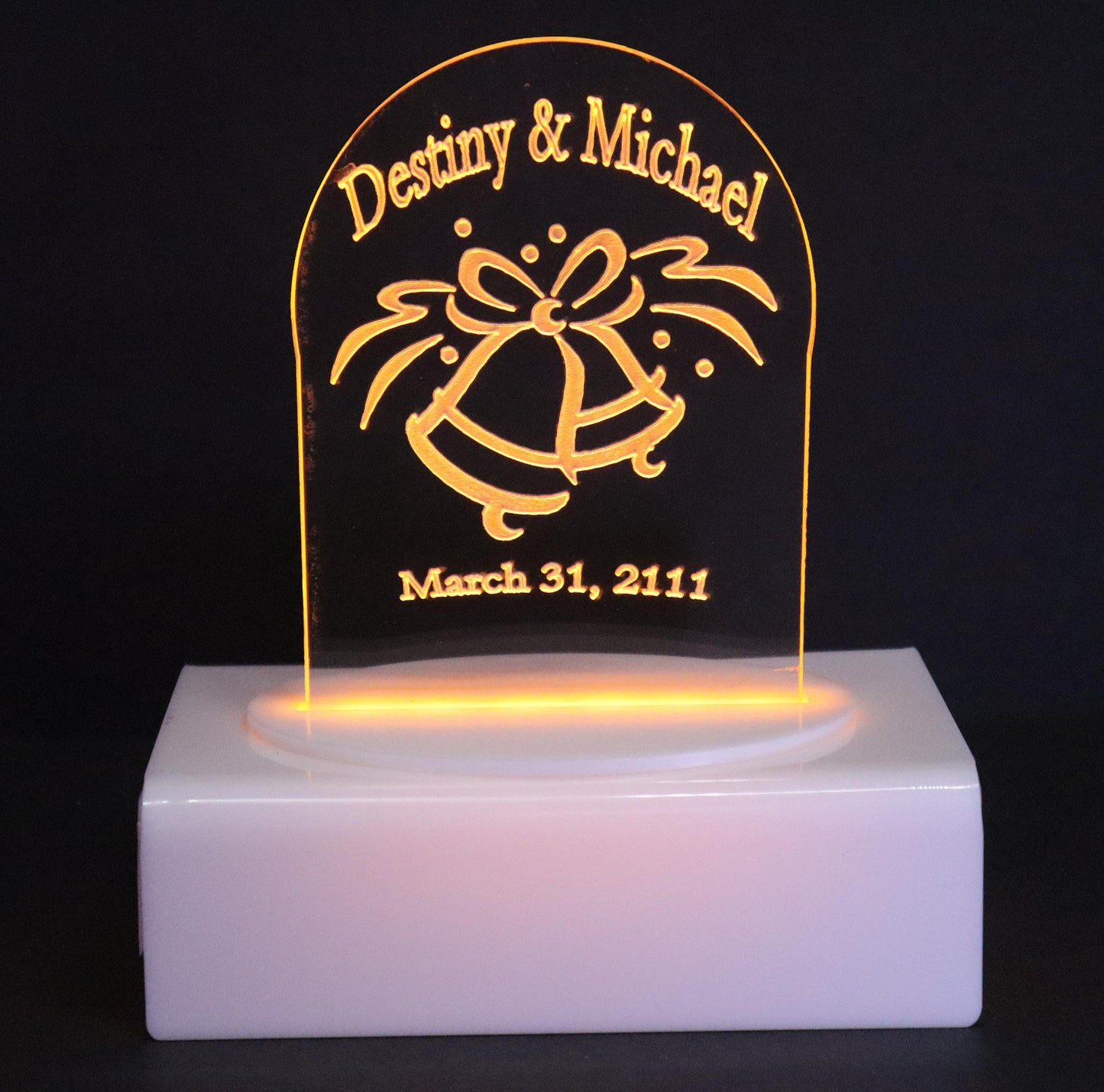 Personalized Cake Topper - Glowing LED - Engraved Acrylic - Wedding Bells Design