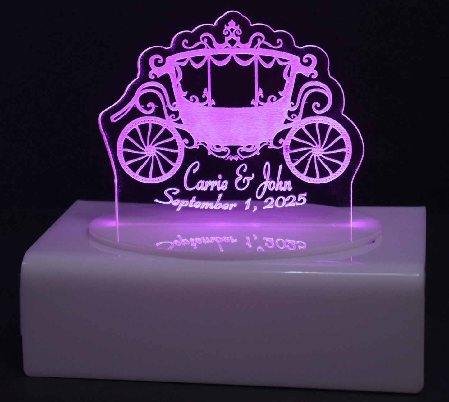 Personalized Cake Topper - Glowing LED - Engraved Acrylic - Small Carriage Design