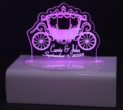 Personalized Cake Topper - Glowing LED - Engraved Acrylic - Small Carriage Design