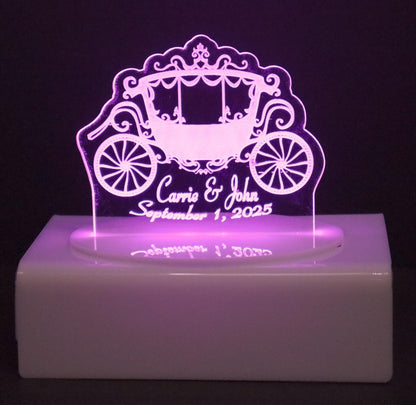 Personalized Cake Topper - Glowing LED - Engraved Acrylic - Small Carriage Design