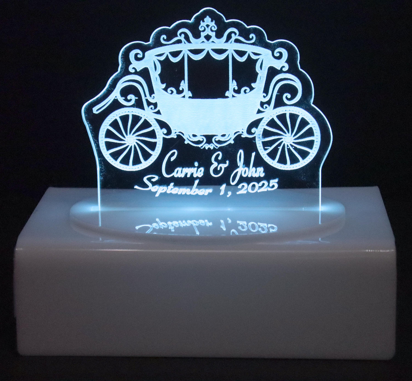 Personalized Cake Topper - Glowing LED - Engraved Acrylic - Small Carriage Design