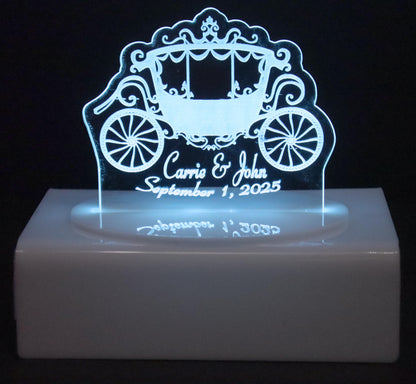Personalized Cake Topper - Glowing LED - Engraved Acrylic - Small Carriage Design