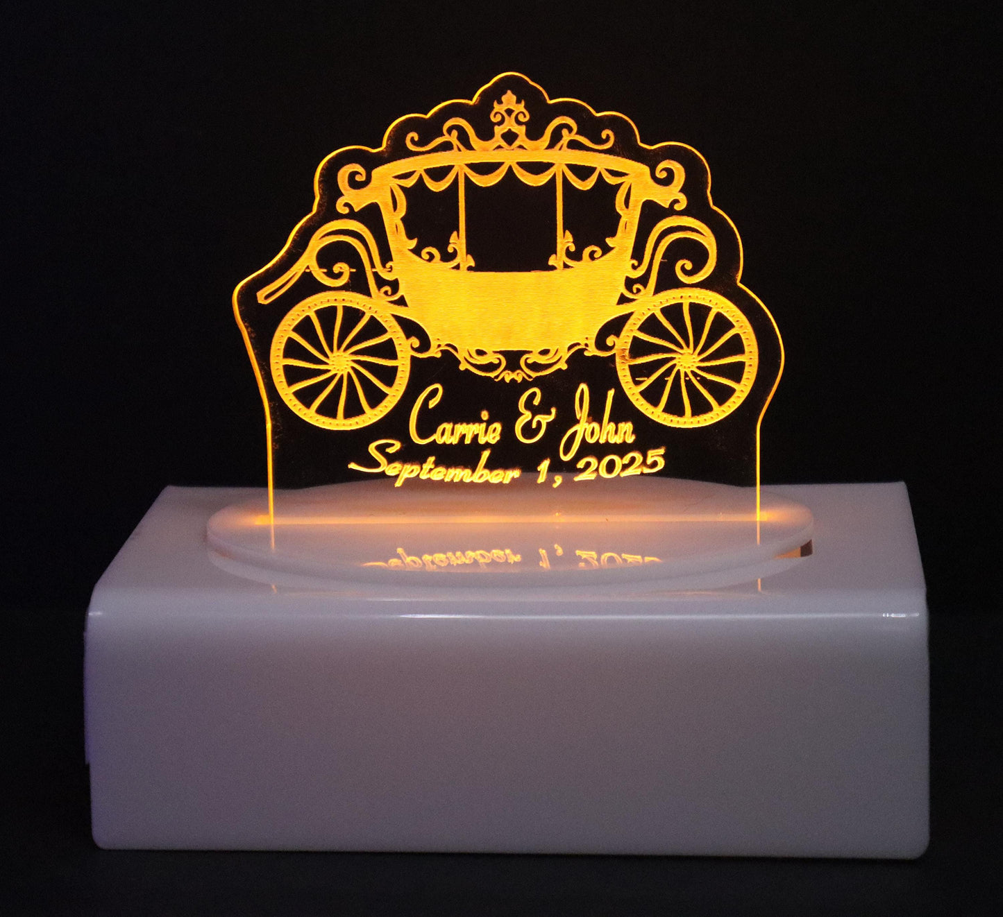 Personalized Cake Topper - Glowing LED - Engraved Acrylic - Small Carriage Design
